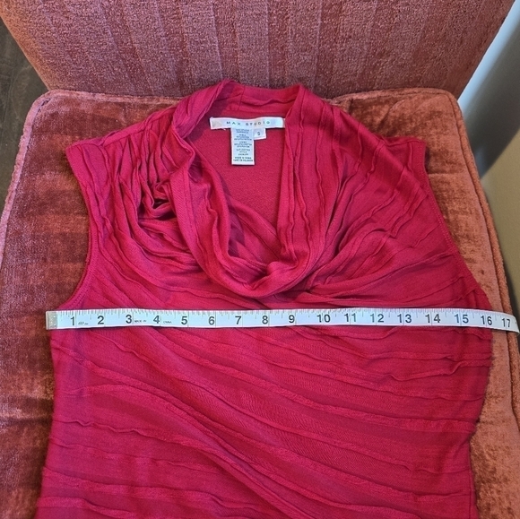 Max Studio Ruched & Textured Stretch Red Sleeveless Cowl Neck Sheath Dress Sz. S - Picture 7 of 10